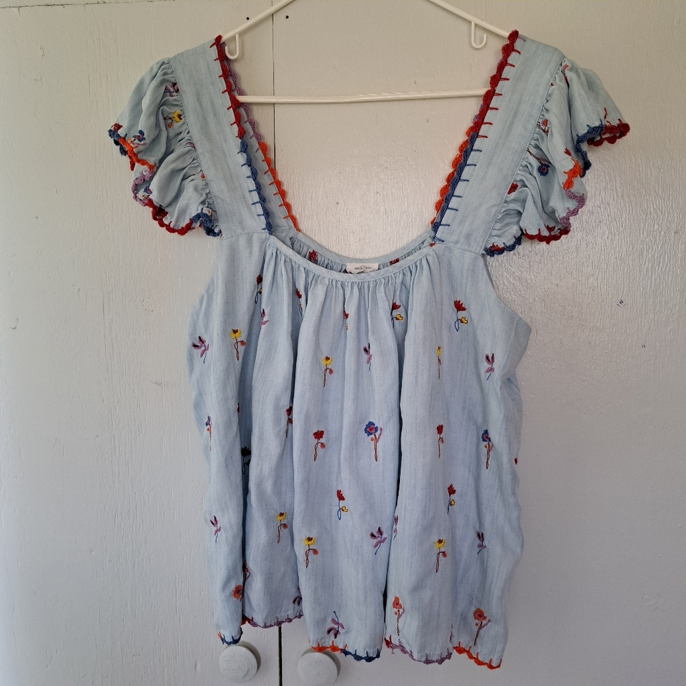Eze Sur Mer Embroidered Ruffle Flutter Cap Sleeve Baby Doll Top SZ L